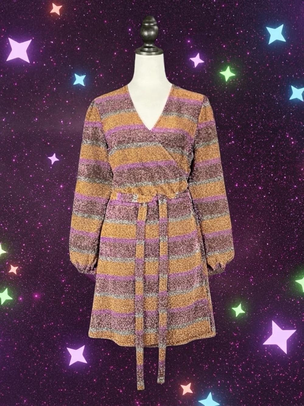 ModCloth Wrap Dress Multicolor Metallic Sparkly Stripe Long Sleeve Retro Glam M